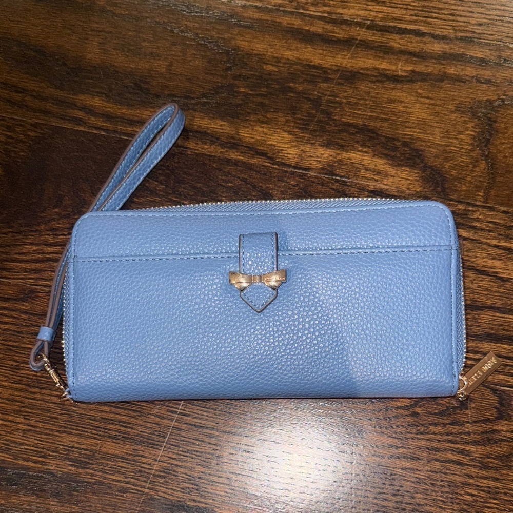 Anne Klein blue Boxed Slim Zip Wallet With Bow Detailing and Wristlet Strap New
